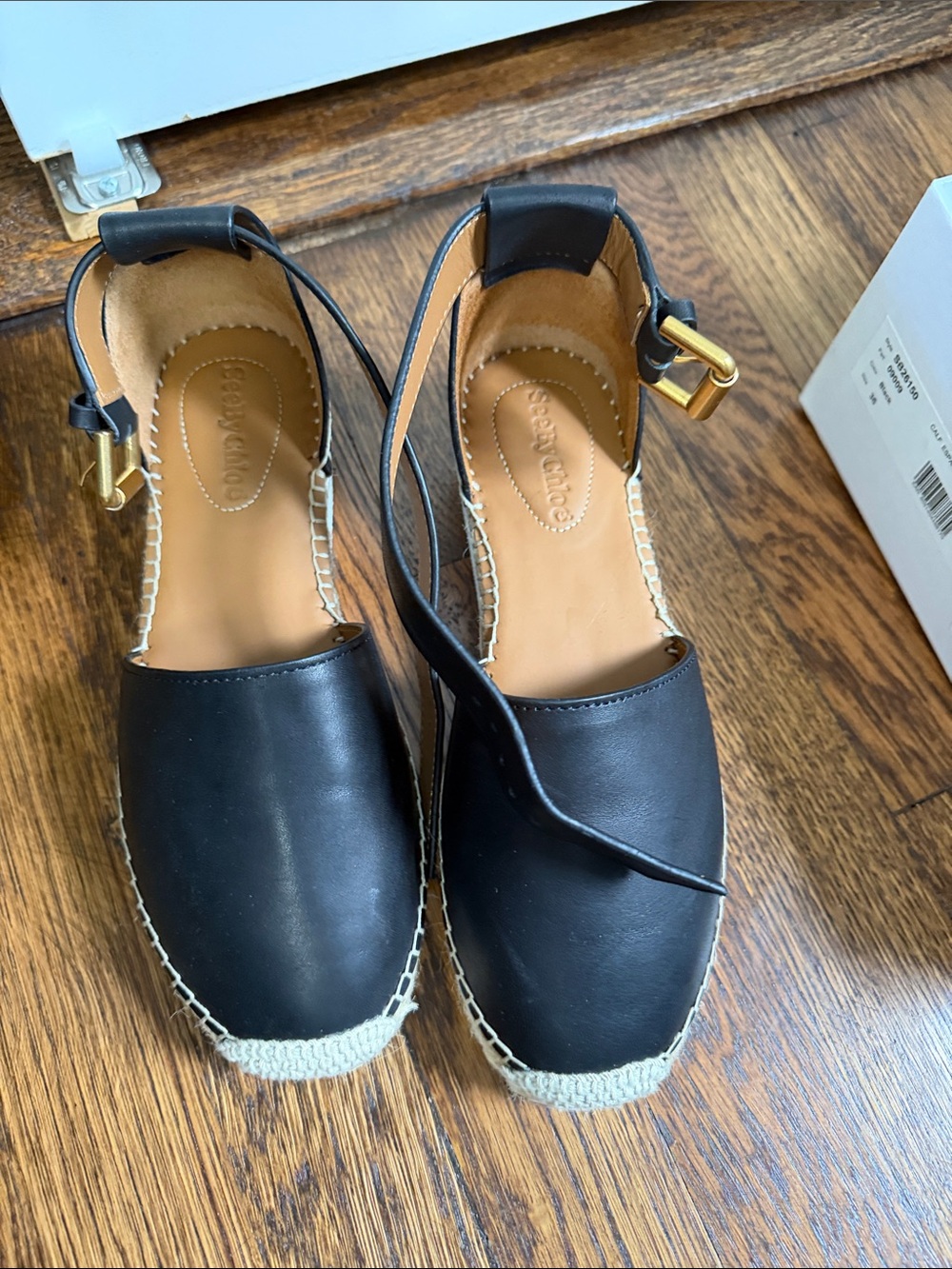 See By Chloe Black Leather Espadrille Ankle-Strap Wedge Sandals